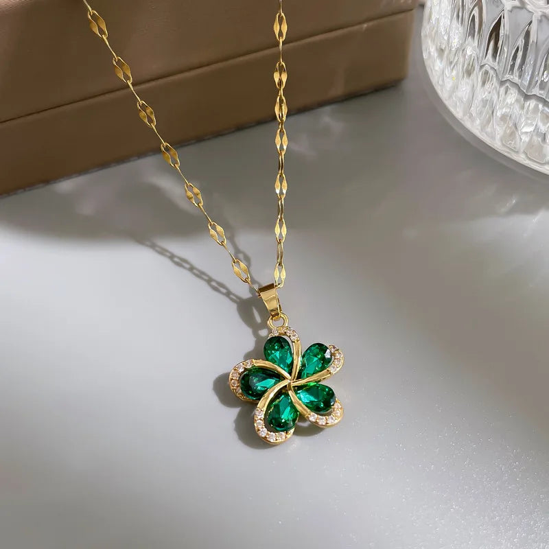 Elegant Gold Necklace with Green Zircon Flower Charm N1886