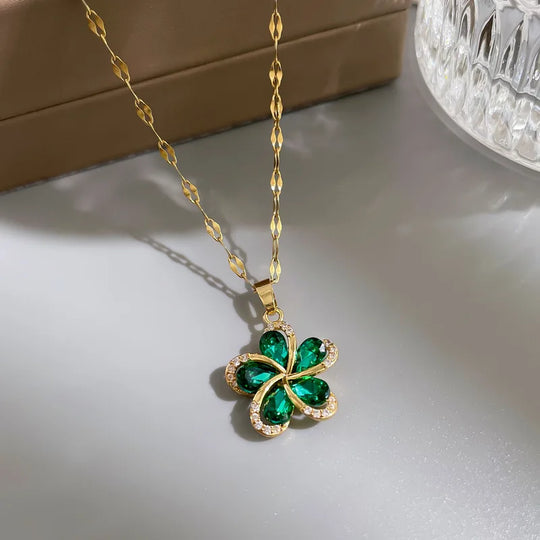 Elegant Gold Necklace with Green Zircon Flower Charm N1886