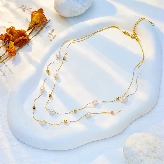 Minimalistische 2in1 Goldperlenkette N2083