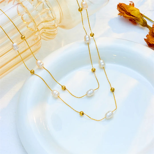 Minimalistische 2in1 Goldperlenkette N2083