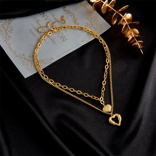 Classic Punk Style Double Heart Pendant Necklace N1506