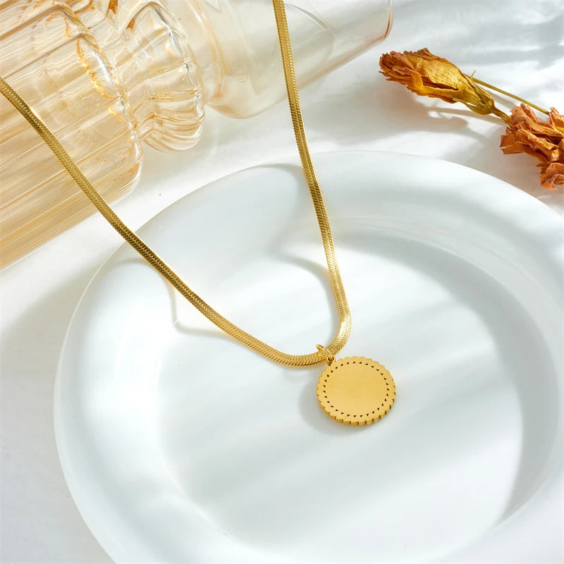 Elegant Gold Tone Snake Chain Necklace with Round Pendant N2248
