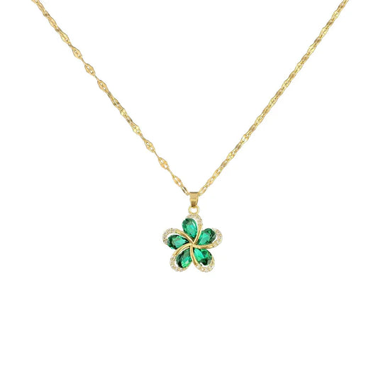 Elegant Gold Necklace with Green Zircon Flower Charm N1886