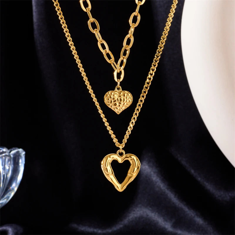 Classic Punk Style Double Heart Pendant Necklace N1506