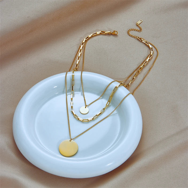 Minimalist Gold Disc Layered Necklace N1798