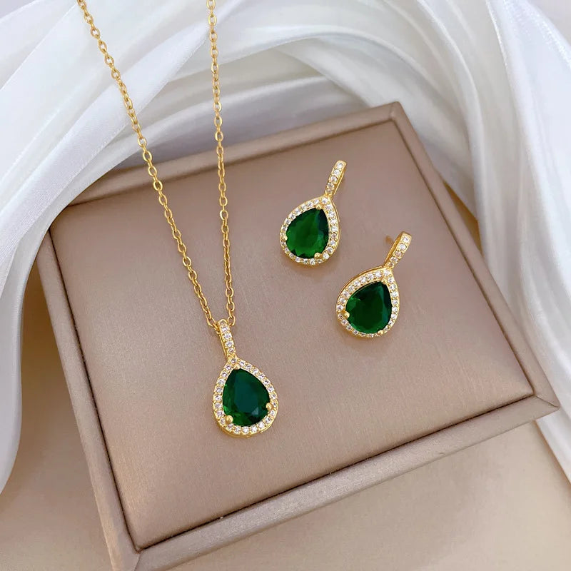 Elegantes Wassertropfen-Grün-Strass-Schmuckset N2998 E6156