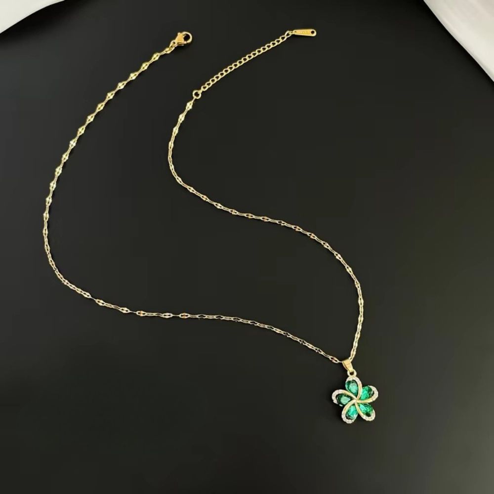 Elegant Gold Necklace with Green Zircon Flower Charm N1886