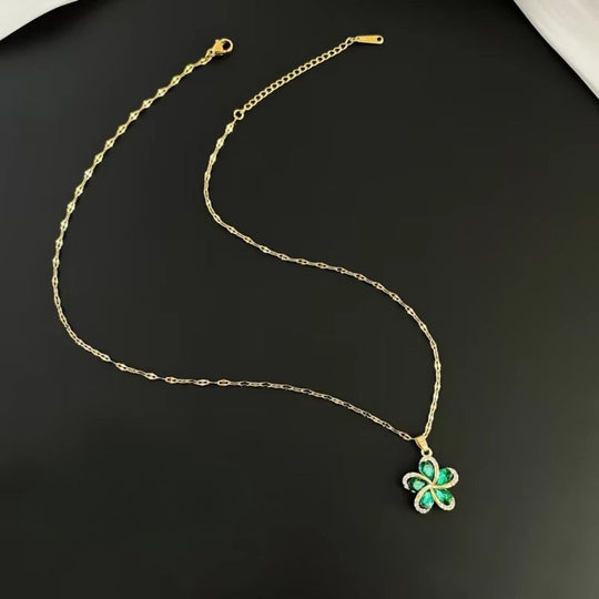 Elegant Gold Necklace with Green Zircon Flower Charm N1886