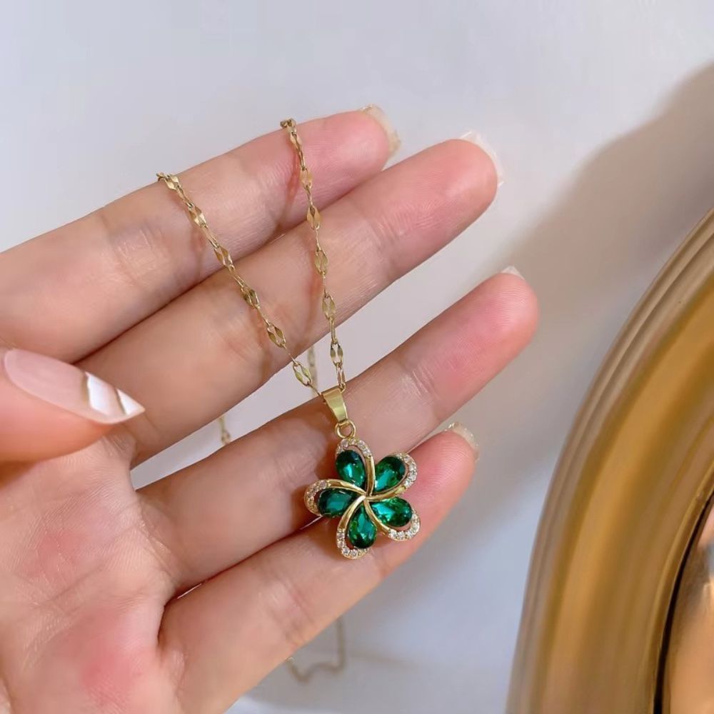 Elegant Gold Necklace with Green Zircon Flower Charm N1886